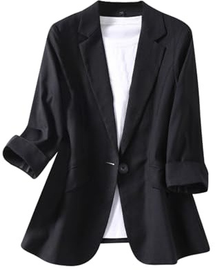 Generisk damlinne, kavaj, elegant, ledig, 3/4-ärm, blasjacka, sommar, lös, lätt, bomull, kavaj för kontor, öppen front, kort blazer, sweatblazer, sportig byxdräkt, kort jacka med ficka