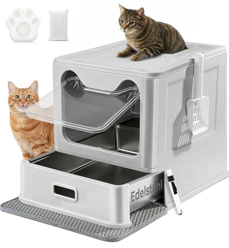 LEEJARD Kattlåda, kattlåda i rostfritt stål med lock och utdragbar bricka, hop i kattlåda XXL med kattlåda, matta och spade för katter upp till 15 kg, enklare rengöring, läckagesäker
