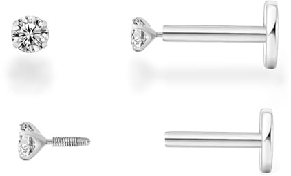 Joyería de piercing Tragus Helix de plata esterlina 925, pendientes de cartílago para mujeres, pequeños pendientes de diamantes pequeños con espalda plana CZ para orejas sensibles