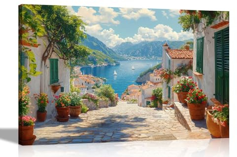 Artley Prints -Mediterranean Ocean Mountain Landscape Colourful Canvas Wall Art For Bedroom Hallway Living Room Prints Décor Pictures Extra Large 101 x 76cm (40 x 30 inches)