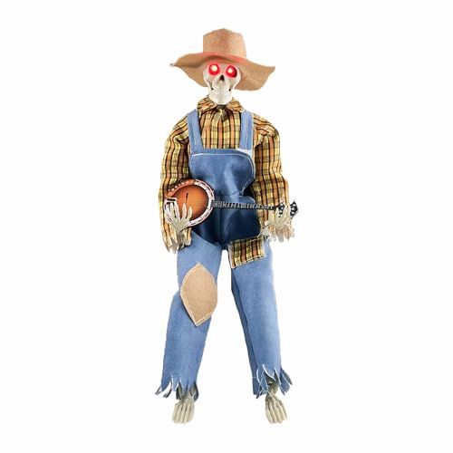 Squelette de banjo animé d'Halloween - Squelette de banjo avec squelette lumineux et amusant - Décoration d'Halloween - Figurine de musicien pour fête à la maison hantée - Décoration intérieure et