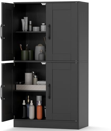 KOMFOTTEU Credenza Alta da Cucina con Ante e Ripiani Regolabili, Mobile Buffet con Dispositivo Antiribaltamento, Armadio Dispensa per Soggiorno, Ingresso, Bagno, 60 x 30 x 110 cm (L x P x A) (Nero)