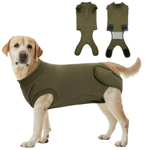 Hjumarayan Hundkropp – OP plagg hund återhämtningsdräkt | Alternativ till halsband | Andningsbar, mjuk och elastisk | Förhindrar läckage och repor | För hanar och hundar, armégrön XXL