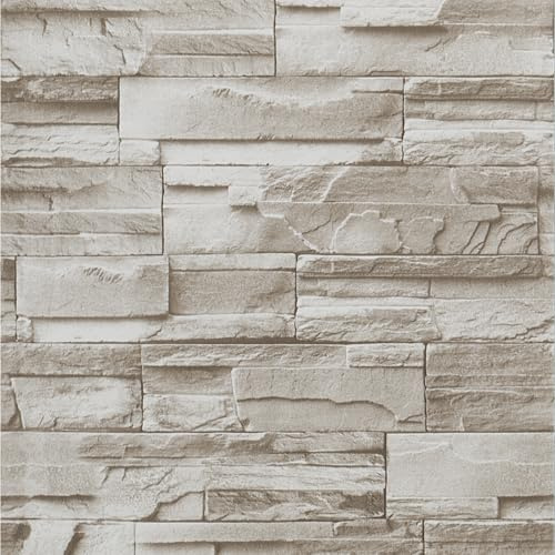 Peyotes Peel and Stick Wallpaper Khaki Stone Brick Effect Vinyl Wrap Waterproof Self Adhesive Sticky Back Plastic Wall Paper Roll for Bedroom Living Room Bathroom Kitchen 44.5x500cm