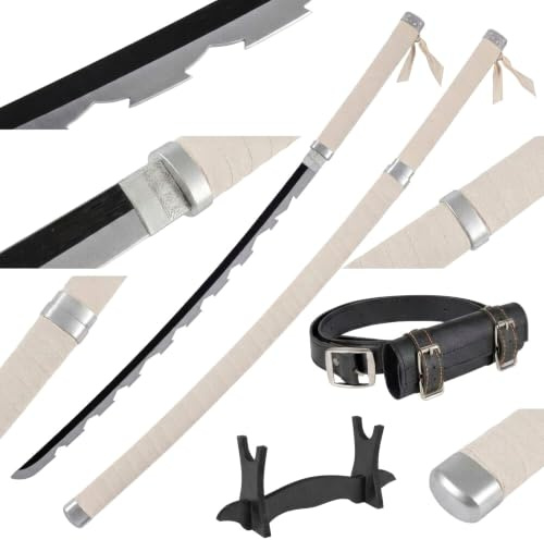Katana i Trä 77 cm med Bälte och Ställ - Daemon Slayer Dekorativt Japanskt Svärd för Anime Cosplay, Maskerad och Rollspel - Wakizashi Träsvärd - Kort Samurajsvärd i Bambuträ (Ej Vasst) | Nichirin från Inosuke Hashibira, kedja med foder, bälte och stöd, för karneval, anime, cosplay, kollektion