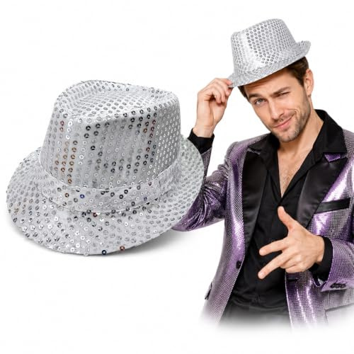 JOVYTH Chapeau à Paillettes Argenté 1 Pièce, Tour de Tête 60 centimètres, Accessoire de Fête Disco Jazz Soirée Danse et Costume Homme