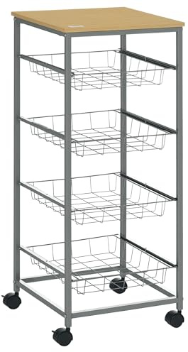 HOMCOM Carro Múltiusos de Cocina Baño con Ruedas 5 Niveles Carrito de Servicio Isla de Cocina Marco de Acero Carrito Auxiliar Verdulero Frutero Carga 20 kg para Salón 36,5x36,5x89 cm Plata