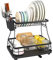 Vinsani Black Dish Drainer Rack 2 Tier Modern Detachable Drying Rack with Auto Drainage System Drip Tray Board Removable Cutlery Holder, Minimalist Dish Draining Rack for Kitchen Sink Countertop