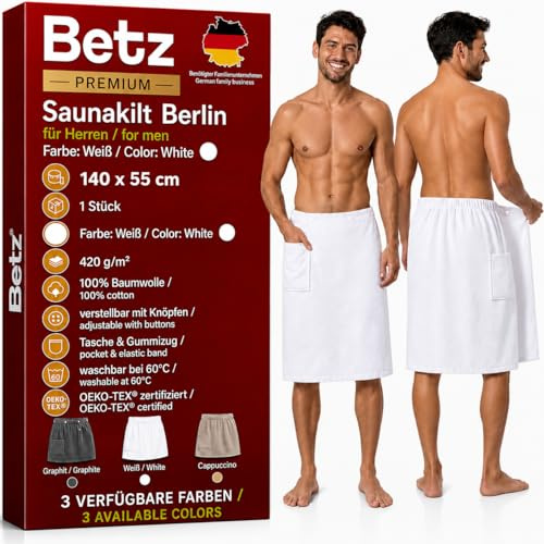Betz Saunakilt Berlin – Frotté bastukilt för män av 100 % bomull, 420 g/m² – justerbar med knappar och elastiskt band – bastuhandduk med väska, wellness & spa kilt färg vit