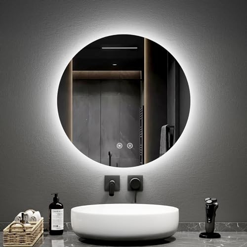 EMKE Espejo de baño Redondo de 60 cm de diámetro, con antivaho+Interruptor táctil, Espejo de baño con retroiluminación LED, Luminosidad Regulable,luz fría 6500K Espejo Redondo LED
