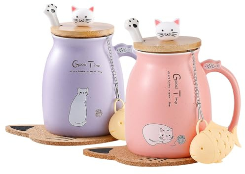 Regalo Donna Compleanno Tazza Gatto, Tazza da caffè in ceramica a forma di gatto, con coperchio a forma di gattino, cucchiaio in acciaio inox, idea Regali Natale Tazze Natalizie 380 ml (rosa e viola)