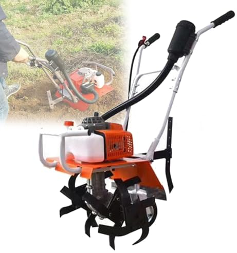 FAcoLL Petrol Tiller Rotavator Cultivator, 2 Stroke Petrol Engine Tiller with 4 Tiller Blades, Cordless Lawn Scarifier for Lawn Farms Orchards Yards Fields