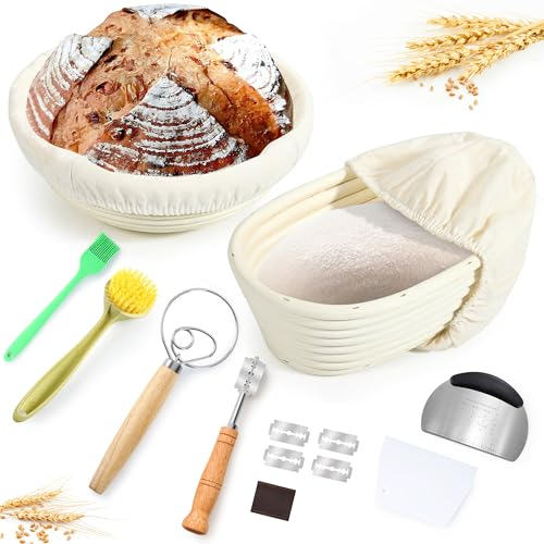 Votoko Cestino da Lievitazione per Pane, Cesto Lievitazione Pane in Rattan Naturale, Cestini pagnotta Rotondo da 23 cm e Ovale da 25 cm, Banneton per Kit Pagnotta con panno fermentazione