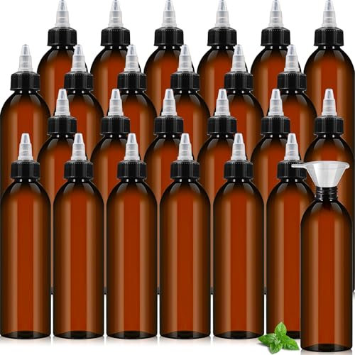 24 Pcs Hair Oil Applicator Bottles Bulk, 250 ml Scalp Oil Applicator, Plastic Hair Color Squeeze Bottle with 4 Funnels, Refillable Empty Amber Liquid Container for DIY Salon Hair Care Paint Art Glue