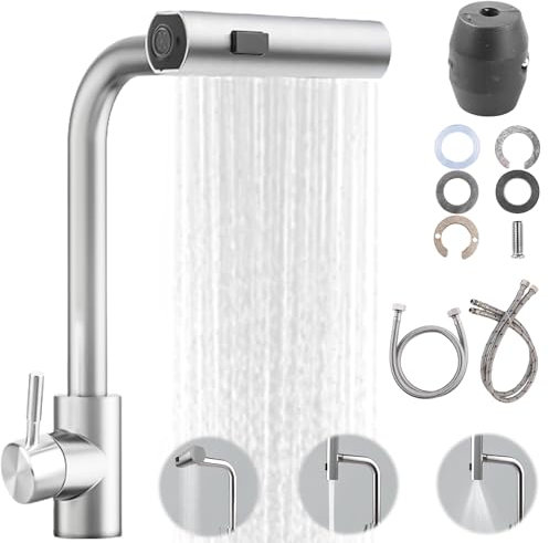 BAIFULAI Robinet de cuisine extensible avec douchette extractible, mitigeur d'évier extensible à levier unique avec douchette 3 modes, 1 trou pivotant à 360 °, haute pression cascade, brossé