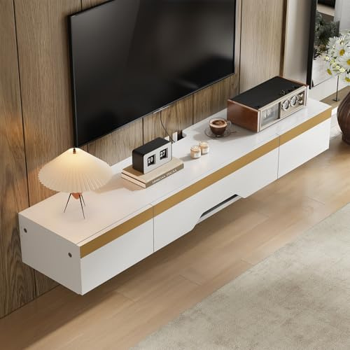 Warmiehomy Floating TV Stand Wall Mounted TV Stand Cabinet with 3 Doors Wall Shelves with Large Storage Space Console Table TV Units for Living Room Bedroom Studyroom 120x26x17cm(White)