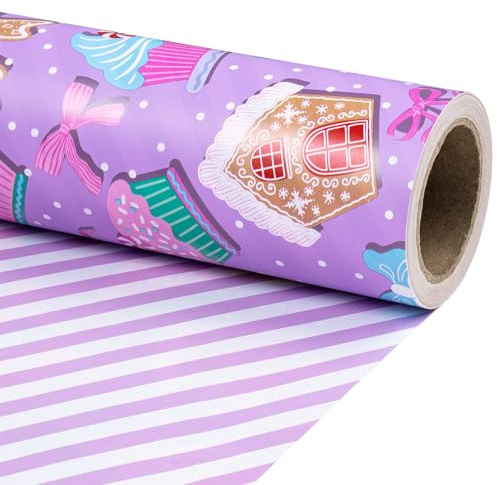 RUSPEPA Rollo De Papel De Regalo Navideño Reversible Para Niñas, Mini Rollo, Con Galletas De Jengibre Moradas, Bastones De Caramelo Y Rayas Blancas Moradas, Ideal Para Regalos Navideños,43,2 Cm X 5 M