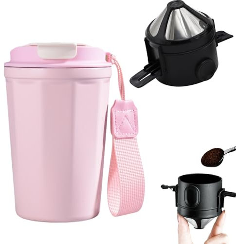 Genérico Dripper de café con vaso aislado al vacío, filtro de acero inoxidable reutilizable, cafetera portátil plegable sin papel para camping, viajes (1*rosa Thermos Cup + Drip Filter)