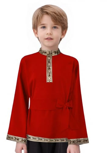 TSSOE Chemise Russe Traditionnelle Enfant Déguisement Folklorique Russe Garçon Fille Chemise Ethnique Performance Halloween Carnaval Rouge 9-10 Ans