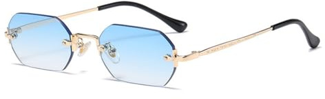 ASYHV Lunettes de soleil rectangulaires sans monture pour homme et femme Design rétro Verres miroir légers Polygone Protection UV400, Or/bleu clair dégradé