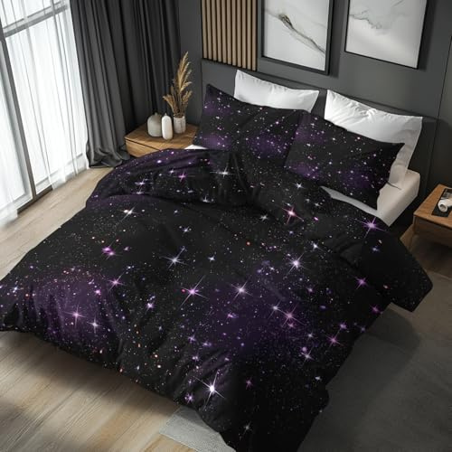 Generisch 200x200 Bettwäsche Sterne Bettbezug - 3tlg, 2 Kissenbezug 80x80, Sternenhimmel Galaxie Muster, Schlafzimmer Deko, Weiche Mikrofaser Wendebettwäsche mit Reißverschluss - JZ189
