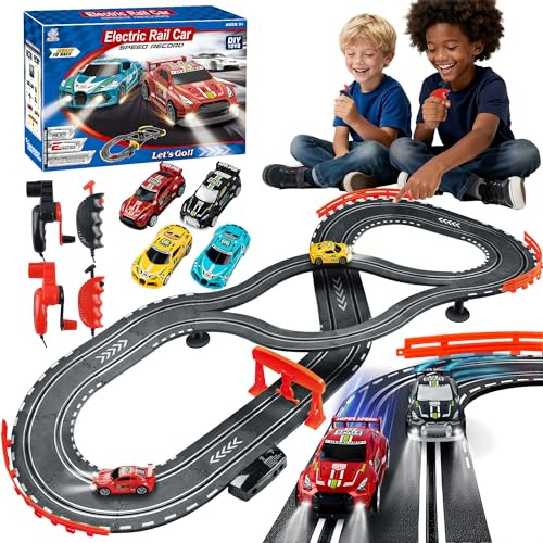 Juego de pista de carreras de coches con 4 autos de carreras de alta velocidad, 2 métodos de control de manivela y generador eléctrico, auto con contador de vueltas de carreras doble, pista circular