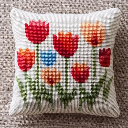 AxiangziK Blumen Stickset Kreuzstich Kissen Set Vorgedruckt,Schöne Tulpen,Stickset Anfänger Bastelsets für Erwachsene,Stickkissen,Handstickerei-DIY,18x18in