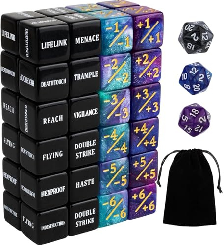 51 PCS MTG Dice Counters Set with Keyword Counter Dice, -1/+1 Life Counter Tokens, Replenish Counters for MTG TCG Board Games, Includes D20 Dices and Velvet Bag, Ideal Gaming Accessories for Players