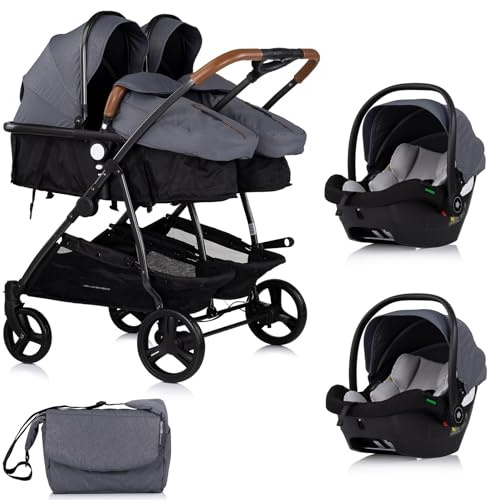 DUO SMART Passeggino per gemelli o bambini di età vicina, larghezza 79 cm, colore: Grigio + 2 comodi i-Size grigi