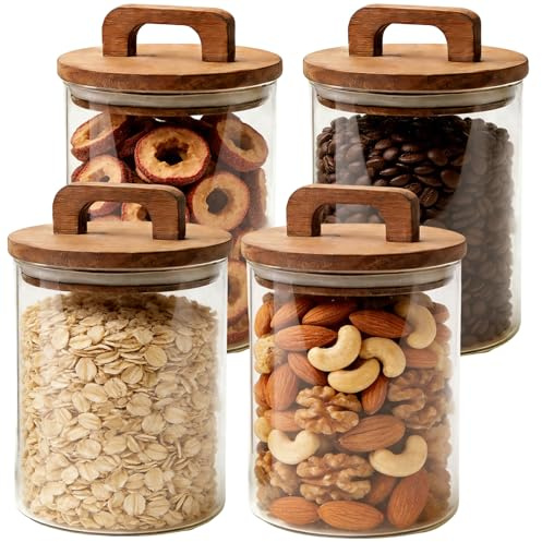 FARYODI 800 ml tapas de madera tarros de almacenamiento de madera, 4 unidades, herméticos, recipientes de almacenamiento con tapa de madera y mango práctico, recipientes de almacenamiento para