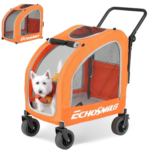 EchoSmile Hundvagn för små och medelstora hundar upp till 20 kg, terränggående vikbar hundbuggy med dubbelbromsar, säkerhetsbälten i bilen & nätfönster, orange