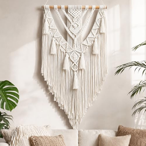 Zinueen makramé vägghängande boho-dekoration 70 x 40 cm – handgjord väggbonad av 100 % bomull med tofsar, retrostil väggdekoration för vardagsrum och sovrum