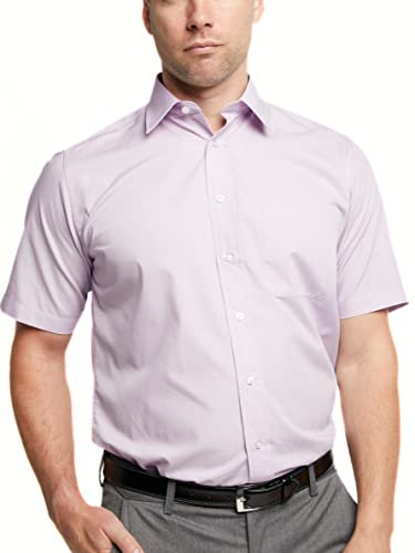 Double TWO Men's Short Sleeve Dress Shirt Easy Care Classic Fit Formal Plain Business Shirt - Lilac, 18in Collar