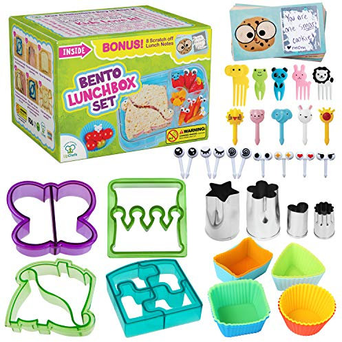Complete Bento Lunch Box Supplies and Accessories For Kids - Sandwich Cutter and Bread Crust Remover - Mini Vegetable Fruit cookie cutters - Silicone Cup Dividers - Food Picks and FREE Lunch Notes