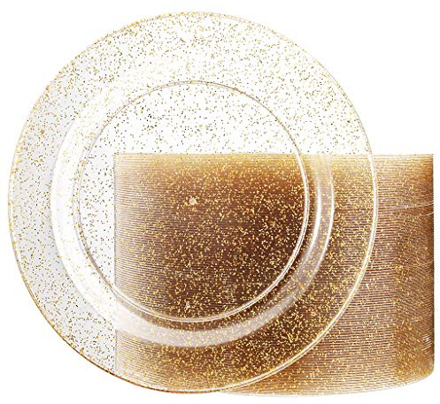 Liacere 100Pieces Gold Plastic Plates-Disposable Gold Glitter Appetizer Plates-7.5inch Premium Plastic Salad/Dessert Plates for Wedding & Parties & Thanksgiving