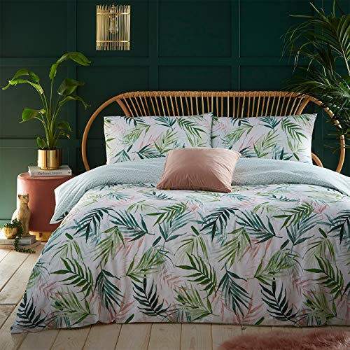 furn. Bali Palm Duvet Cover Set - Tropical Jungle Botanical Bedding Reversible Design (Green - King)
