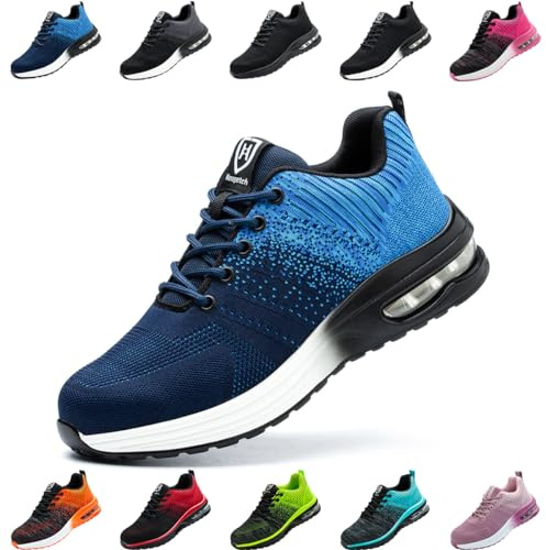 Zapatos de Seguridad Hombre Mujer Zapatillas Trabajo Ligero Comodo Calzado de Seguridad con Punteras de Acero Transpirable Antideslizante Azul EU 42
