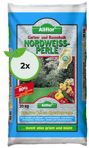 Allflor Nordweissperle Gartenkalk 2 x 20 Kg I Kalk für Gärten im 20kg Beutel I Sofort wirksamer und hochlöslicher Garten- sowie Rasenkalk I Neutralisiert schädliche Säuren