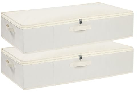 YheenLf 2-Pack Under Bed Storage Box with Lid, Foldable Wardrobe Organiser with Reinforced Handles for Blanket, Sheets, Clothing, Shoes, Beige, 60×30×15 cm