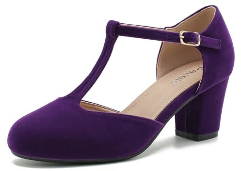 Peijely Women's T-Strap Mary Jane Pumps, Block Heel, Closed Toe, Dress Shoes with Buckle, Purple Velvet, 9.5 UK