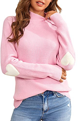 Saodimallsu Jersey de punto para mujer, con forma de corazón, informal, cuello alto, otoño, invierno, jersey de punto grueso, Rosa., S