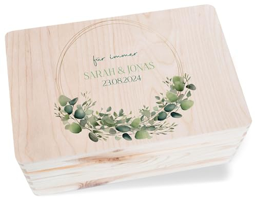 Holzkiste - Für immer Eukalyptus mit Name und Datum | Erinnerungsbox Hochzeit Aufbewahrungsbox | Box Hochzeit für Geldgeschenke - 30 x 20 x 14 - Holz - hochzeitskiste hochzeitskartenbox brautpaar