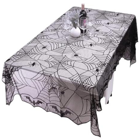Halloween Tischdecke, Tischdecke mit Spinnennetz, Schwarz Gothic Spitze Tischdecke, Halloween Tischwäsche Rechteck Tischtuch, Halloween Dekorationen Spinnen Netz für Party, 122 x 244 cm