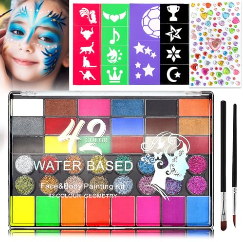UZSUZZ Pintacaras Infantilm, 42 Colores Pinturas para La Cara con 2 Pinceles, 4 Plantillas, 1 Diamond Stickers, Lavable No Tóxico Pintura Facial y Corporal Niños para Halloween Festival Carnaval
