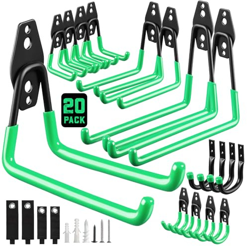 Garage Hooks, 20-Pack Steel Garage Accessories for Organization and Storage, Heavy Wall Mount Duty Hooks with Anti-Slip Coating for Hanging Ladder, Bike, Power Tools and More Tools, Green