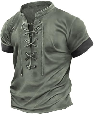 RUMAOZIA Chemise en lin pour homme avec col V médiéval - Style Henley - Coton - Manches courtes - Rétro - Chemise viking pour la Renaissance - Pirate - Pour l'été - Tops - Loisirs - Vintage - Hauts