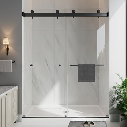 EASYWORC Frameless Double Sliding Shower Doors, 55-60 W x 76 H Shower Glass Door, 1/4 (6mm) Thick ANSI Certified Tempered Glass with Explosion-Proof Film and Nano Coating, Matte Black