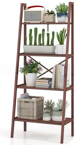 SFAREST Ladder Shelf, 4/6 Tiers Wooden Storage Rack with Footpads, Home Office Display Bookshelf Plant Stand for Living Room Bedroom Kitchen (60 x 35 x 148 cm, Walnut)