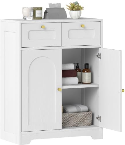 HOMCOM Bathroom Floor Cabinet 2 Drawers Arched Doors White | Freestanding Bathroom Storage Unit, Adjustable Shelf