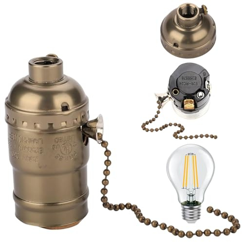 Hperu Portalampada a Catena, portalampada con Filettatura a Vite con Interruttore Catena, in Metallo Vintage per lampadine E26 E27, Finitura Bronzo, Sospensione soffitto